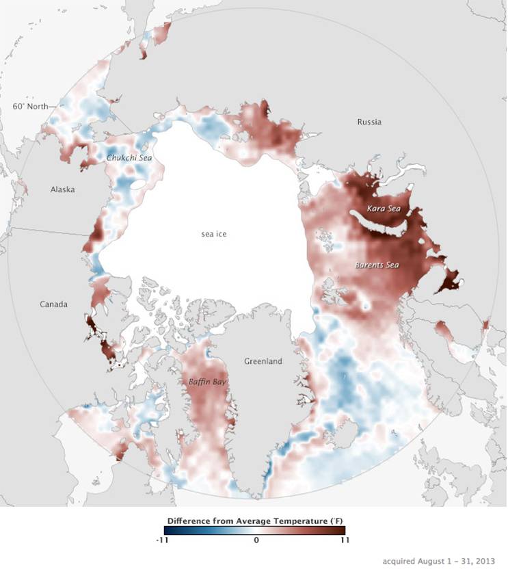 Map by NOAA Climate.gov, based on data provided by Mike Steele and Wendy Ermold, University of Washington; and the National Snow and Ice Data Center. Caption by Rebecca Lindsey and Adam Voiland.