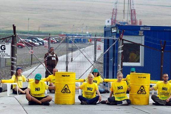 Greepeace activists protesting against shale gas exploration in Romania