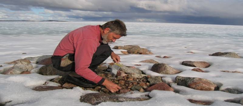 Gifford Miller collects long-dead tundra plants exposed by melting of an Arctic ice cap on Baffin Island, Canada. 