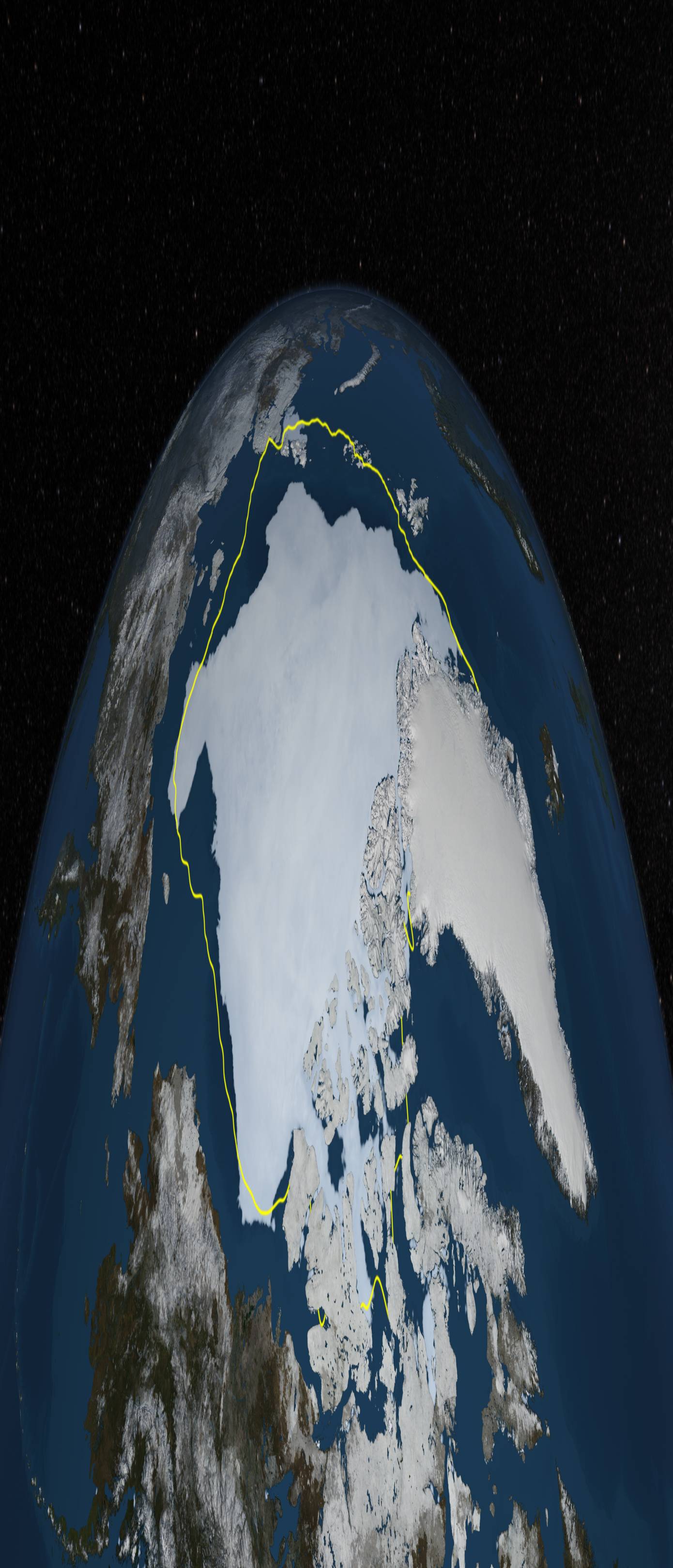 Depiction of Arctic sea ice on Sept. 12, 2013, the day before NSIDC estimated sea ice extent hit its annual minimum, with a line showing the 30-year average minimum extent in yellow. The data was provided by the Japan Aerospace Exploration Agency from their GCOM-W1 satellite's AMSR2 instrument. <i><b>Image Credit: NASA Goddard's Scientific Visualization Studio/Cindy Starr</b></i>