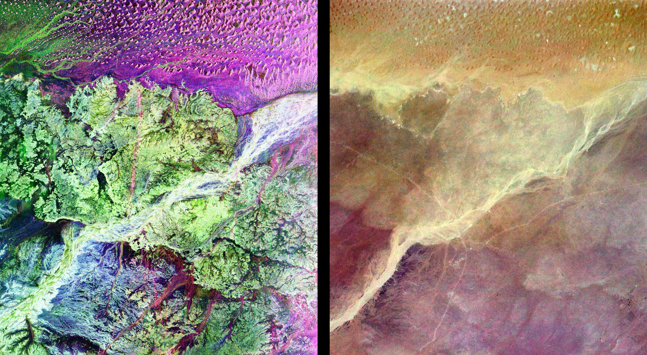 This pair of images from space shows a portion of the southern Empty Quarter of the Arabian Peninsula in the country of Oman. On the left is a radar image of the region around the site of the fabled Lost City of Ubar. On the right is an enhanced optical image taken by astronauts onboard the Space Shuttle. Credit: NASA/JPL.