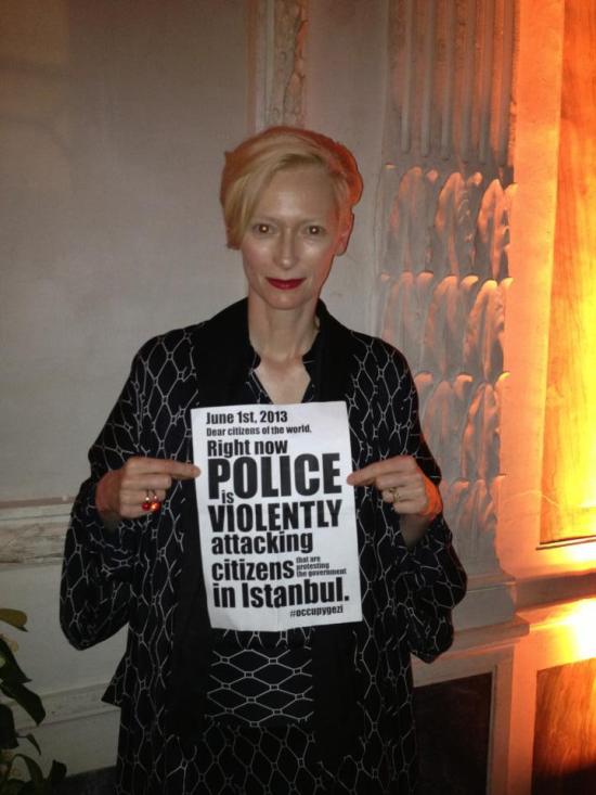 Iconic actress Tilda Swinton also joined in, with a photo of the actress making the viral rounds, showing Swinton holding a sign that reads, Dear citizens of the world, right now, police is violently attacking citizens that are protesting the government in Istanbul.